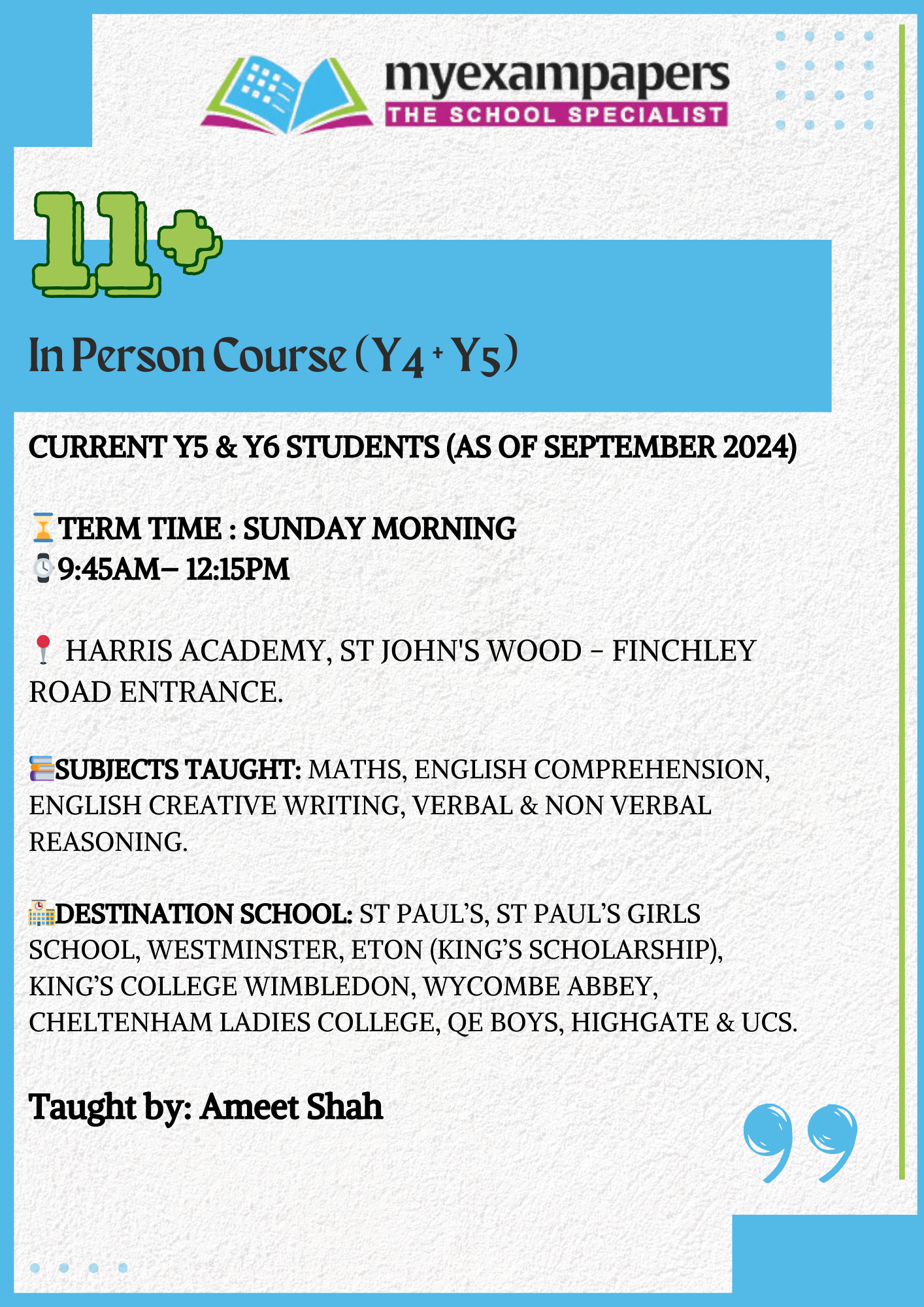 11+ In Person Course (Y4 + Y5)